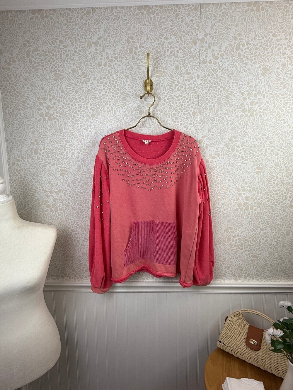 POL Pink Rhinestone Stud Accent Pocket Sweatshirt - Size - Medium